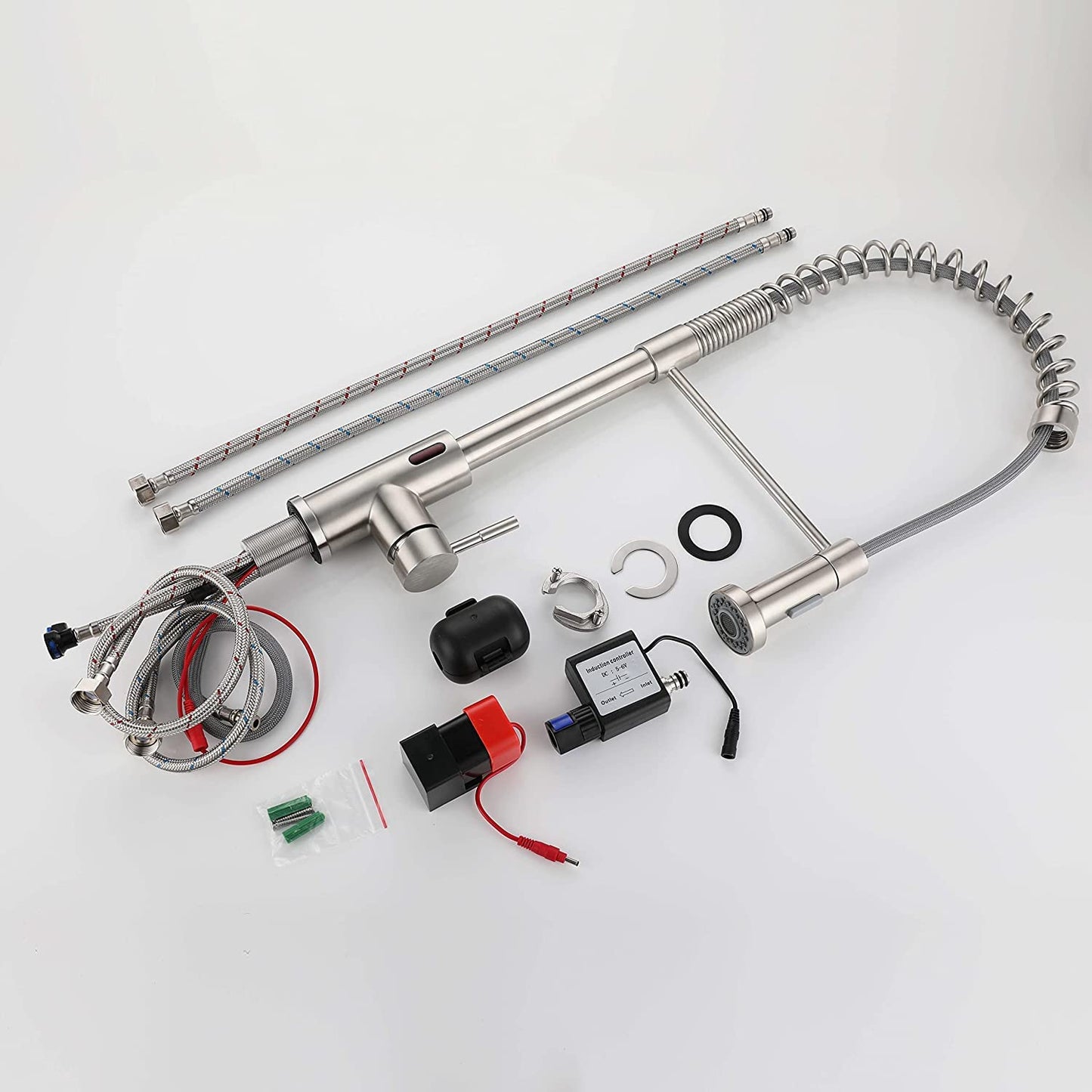 Touchless kitchen sink faucet with pull down spring, automatic sensor mixer in brushed nickel stainless steel.