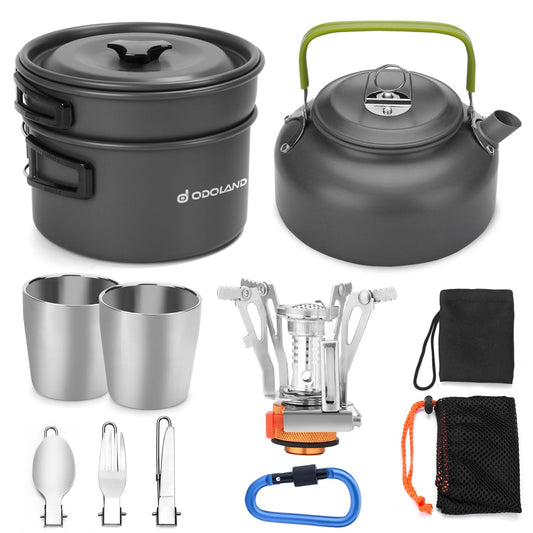 Odoland cookware set for 1-2 people, includes mini gas stove, portable aluminum pot, teapot, cups, foldable utensils. Perfect for camping, outdoor picnics, and hiking.