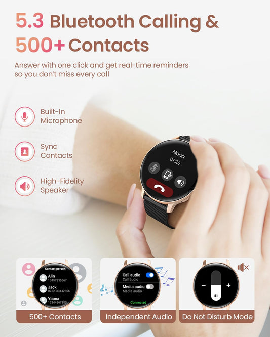 HASAKEI smartwatch for women, 1.39" HD touchscreen round ladies watch with phone function/menstrual cycle, 24H heart rate/SpO2/sleep monitor, waterproof IP68 pedometer Android iOS rose gold black.