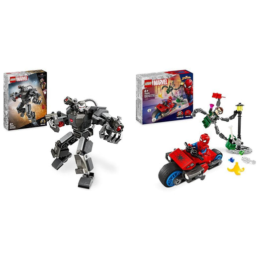 LEGO Marvel War Machine Mech, buildable superhero toy with 3 shooters & Marvel motorcycle chase: Spider-Man vs. Doc Ock, superhero toy