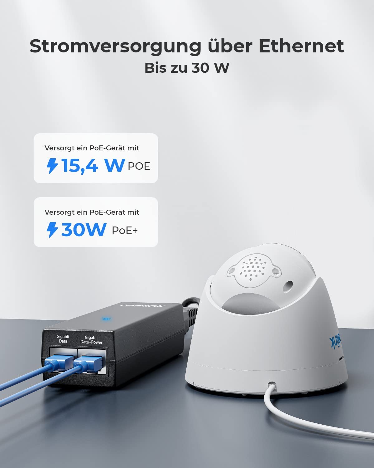 Reolink Gigabit PoE Injector, provides PoE+ 30W or PoE 15.4W, distance up to 100m, Plug & Play, suitable for PoE cameras/video doorbells.