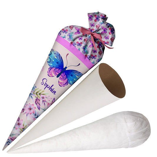 Fierce school cone butterfly for girls, personalized bag made of fabric, 70 cm cone with name, round cardboard core and filling of silicone beads, large bag as a pillow.