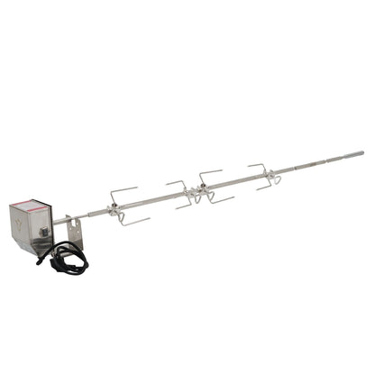 BBQ-Toro Stainless Steel Rotisserie Kit for the full Weber Genesis II 400 and 600 series including 4 meat forks, motor, motor bracket, rotisserie rod, rotisserie spike.