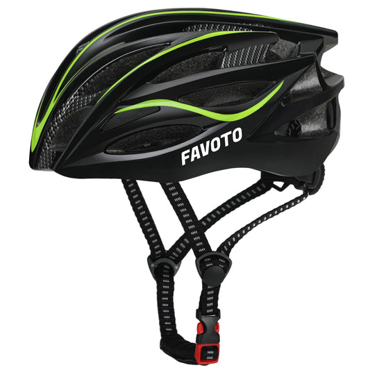 Favoto adult bike helmet with removable lining, adjustable road bike helmet for men and women. Black-green color, size M (55-58cm). Suitable for cycling, rollerblading, and mountain biking.
