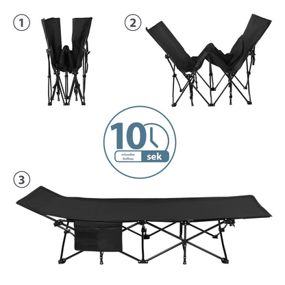 ALPIDEX camping bed cot up to 200 kg side pocket comfortable pad softly padded foldable collapsible guest bed lounger camping garden, color: Black.