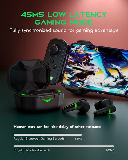 Black Shark wireless Bluetooth headphones with ultra-low latency of 55 ms, Bluetooth 5.2 gaming earbuds with dual modes, 10mm drivers, 35h playtime, IPX4 waterproof, 4 microphones.