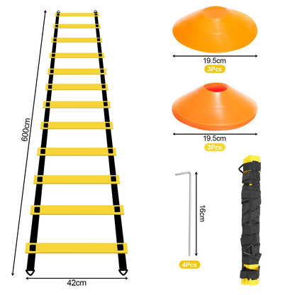 Vigevee Speed & Agility Training Set includes 1 Agility ladder, 6 adjustable hurdles, 12 cones, storage bag. Essential training equipment for all sports.