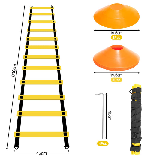 Vigevee Speed & Agility Training Set includes 1 Agility ladder, 6 adjustable hurdles, 12 cones, storage bag. Essential training equipment for all sports.