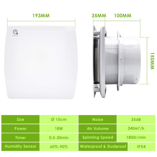 Randaco 150mm bathroom fan with moisture sensor, exhaust fan with backdraft damper and timer, quiet bathroom ventilation, fan for toilet