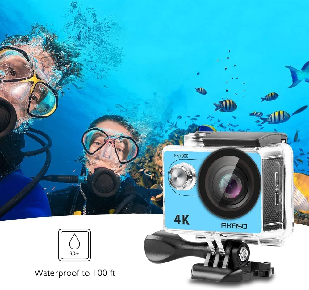 AKASO Action Cam EK7000 4K30FPS Action Camera 170° Wide Angle HD Underwater Camera 20MP WiFi Waterproof Sport Camera 2 Inch LCD Screen with 2 Batteries (Blue)