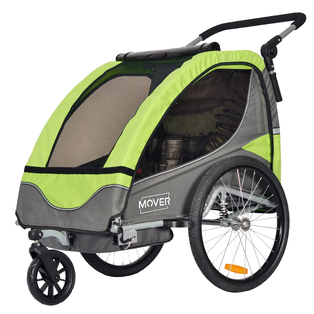 PAPILIOSHOP Mover bike trailer for kids, stroller, anti-wicking, wheel protection barrier, PVC window, 2-seater, 5-point safety harness, padded seat.