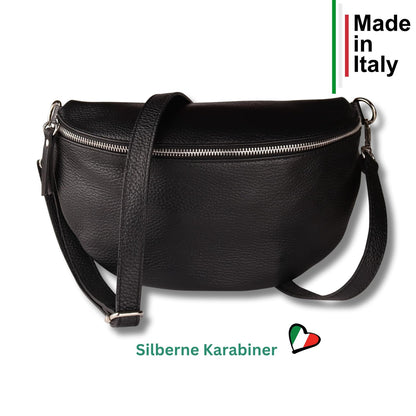 MIRROSI® Waist Bag for women, genuine leather, Made in Italy, shoulder bag, chest bag, crossbody bag (1 bag & 2 straps) (Black (NN Black Beige), Small bag (22x13x6cm))