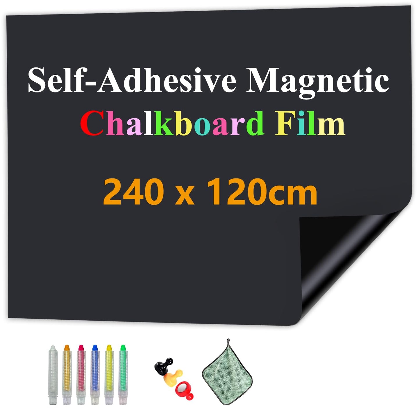 JOMUSAGA Chalkboard Sticker Magnetic Self-Adhesive, 240 x 120 cm Magnetic Film, Wipeable Chalkboard Film, Magnetic Board Film for Home Office School, with Water-Based Chalk Markers & Magnets & Cloths