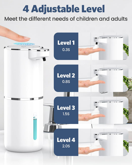 HAPPHOOH Automatic Soap Dispenser Wall-Mounted Touchless Foaming Soap Dispenser with 4 Adjustable Levels, USB Rechargeable Electric Soap Dispenser Sensor 380ml for Bathroom/Kitchen.
