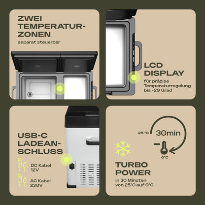 PLUG IN FESTIVALS electric cool box - 2 compartments compressor cool box 12v 230v - up to -20 degrees & app control - freezer box for car & camping - DUAL Ice Cube electric (38 liters)