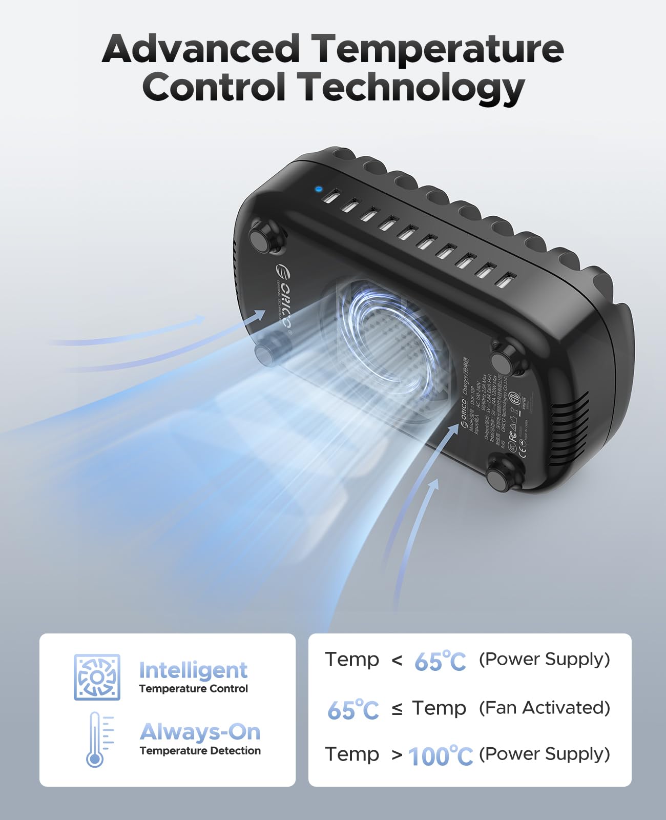 ORICO 120W charging station for multiple devices, 10 USB smart ports Automatic temperature control system, Multi USB charging station compatible with iPad, tablet, and mobile phone (Includes 10 black charging cables)