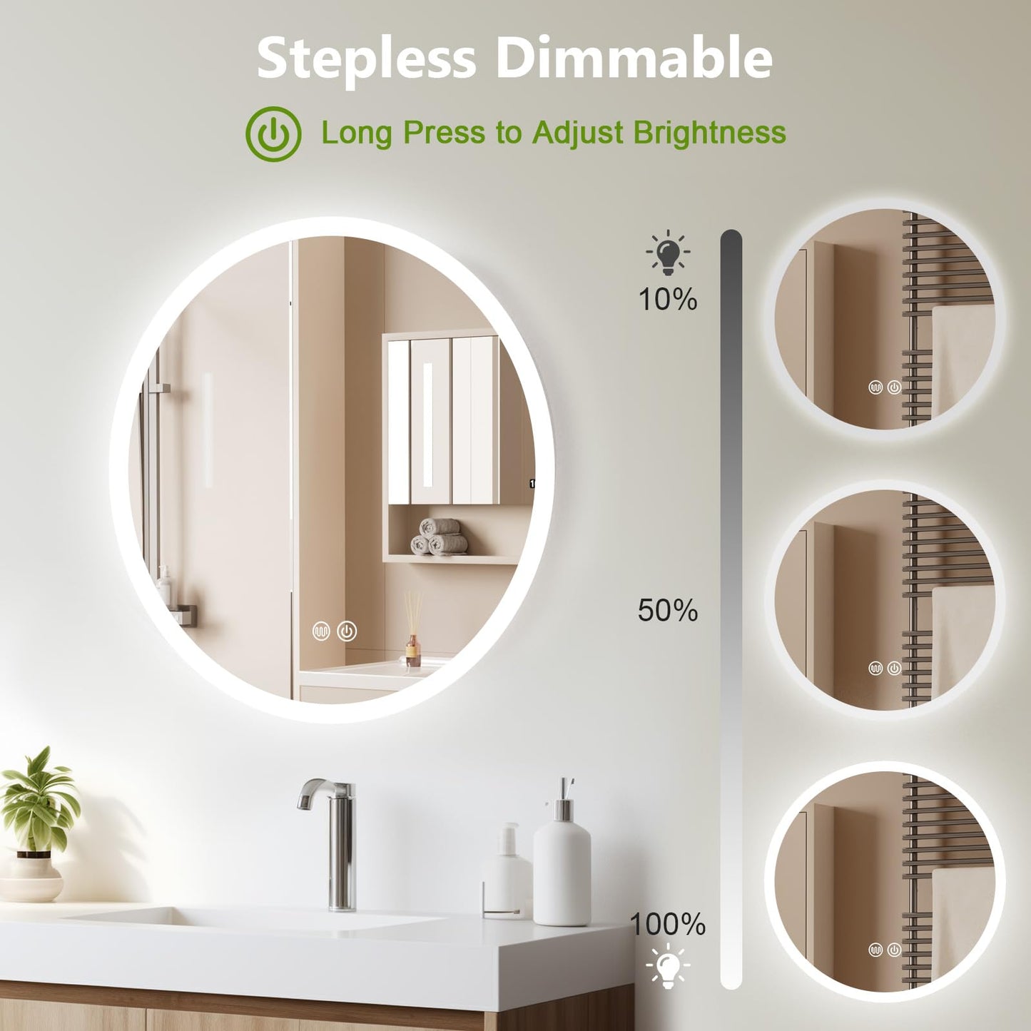 Trintion 70cm Round LED Mirror with Lighting, Touch Switch, Dimmable, 3 Color Adjustable Fog-Free Bathroom Mirror with Lighting (50cm)