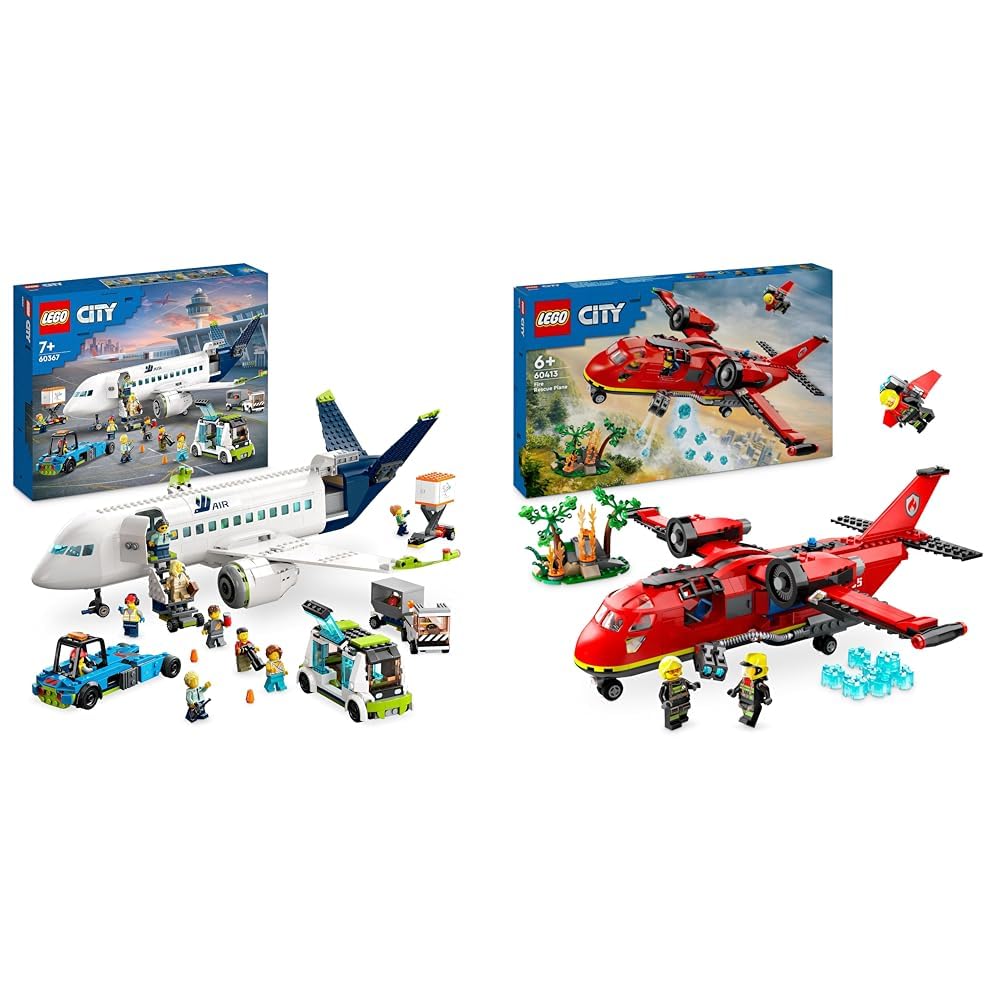 LEGO City Passenger Plane Toy Set & City Firefighting Plane, Fire Department Set with Plane Toys