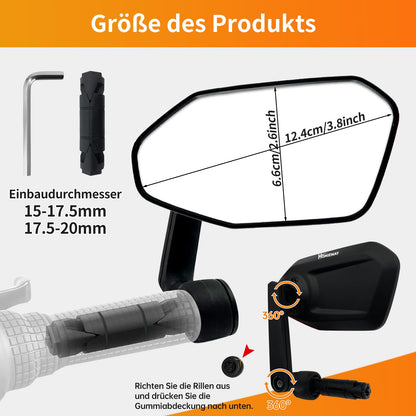 Homieway bike mirror, New adjustable bike rearview mirror with controlled extension direction, Real glass 360° rotating bike handlebar mirror, Foldable bike mirror for e-bike handlebars on the right side.