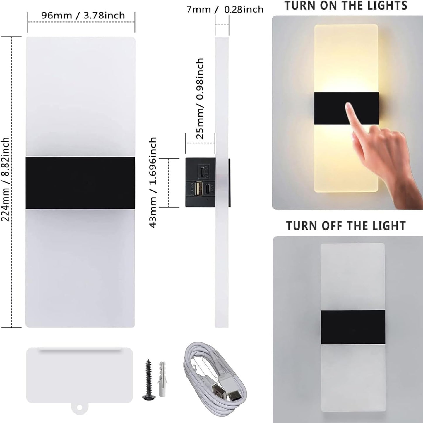 VOMI Wall Light Indoor Rechargeable LED Dimmable USB Cordless Wall Lamp with Touch Switch 3000mAh Battery Magnetic Mounting Wall Lighting for Bedroom no drilling needed