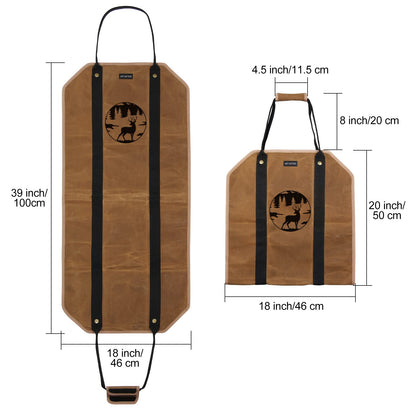 ART-GIFTREE Large waxed linen tote bag with handles, 99 x 45 cm, sturdy wooden holder for fireplace - Reindeer
