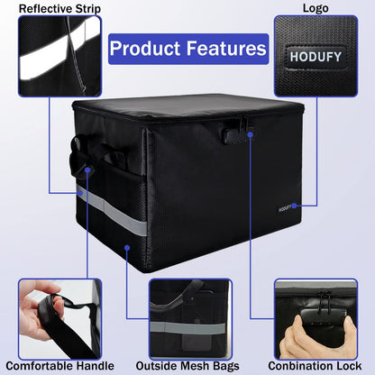 Hodufy Large Fireproof Money Box, Waterproof and Fireproof Document Box with Combination Lock and Reflective Strips, Foldable Fireproof Storage Box for Organizing Document Bag/Hanging File.