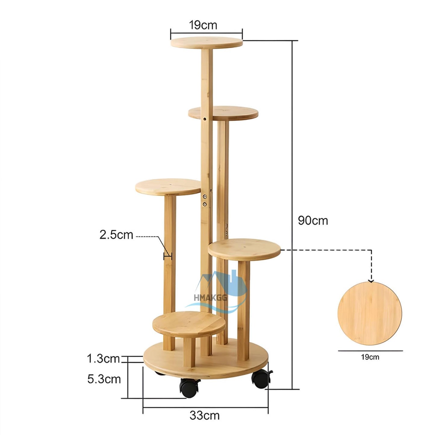 HMAKGG Bamboo Flower Stand with Wheels, 5-Tier Plant Stand 90CM Flower Shelf Balcony, Flower Steps Inside for Flower Pots, Natural Plant Shelf for Living Room Bedroom Garden, Ø19cm