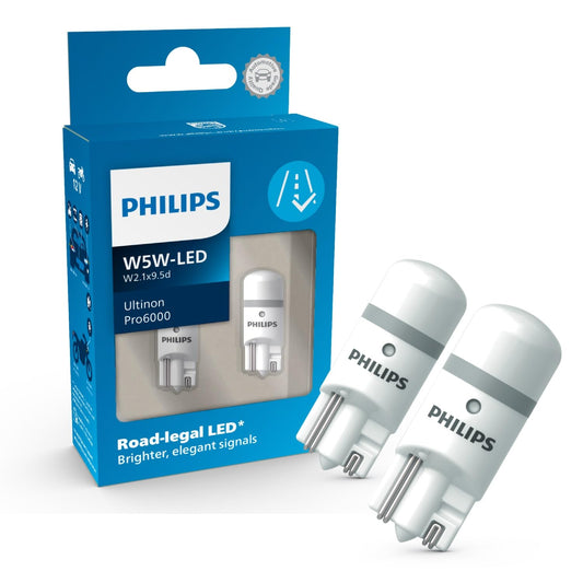 Philips Ultinon Pro6000 W5W T10 LED vehicle lighting with road approval, 6,000K, model-specific approval as position/parking light, universally usable in vehicle interior.