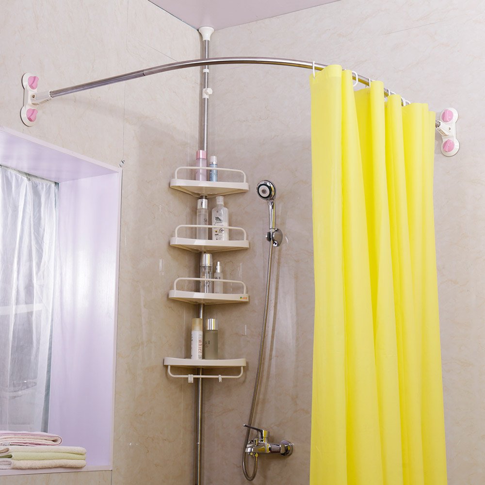 BAOYOUNI Curved Shower Curtain Rod No Drill Shower Curtain Tension Rod Telescopic Stainless Steel Curtain Rod Rust-Resistant Bathroom Curved Shower Rail Pole 95.5 x 95.5 cm, Ivory