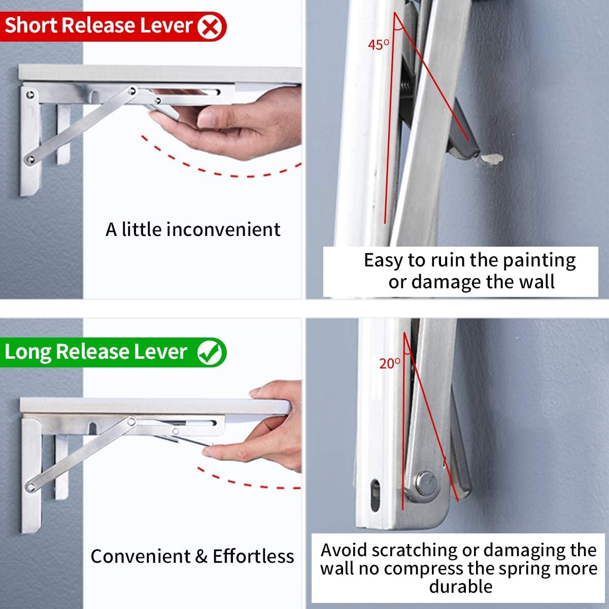 YUMORE Folding Shelf Bracket Heavy Duty 350mm, YUMORE Folding Shelf Brackets Stainless Steel Folding Shelf Supports Wall Table Brackets Folding Hinge for Benches Shelves Wall Mount, Space Saving, Capacity 330 lb [2PACK]