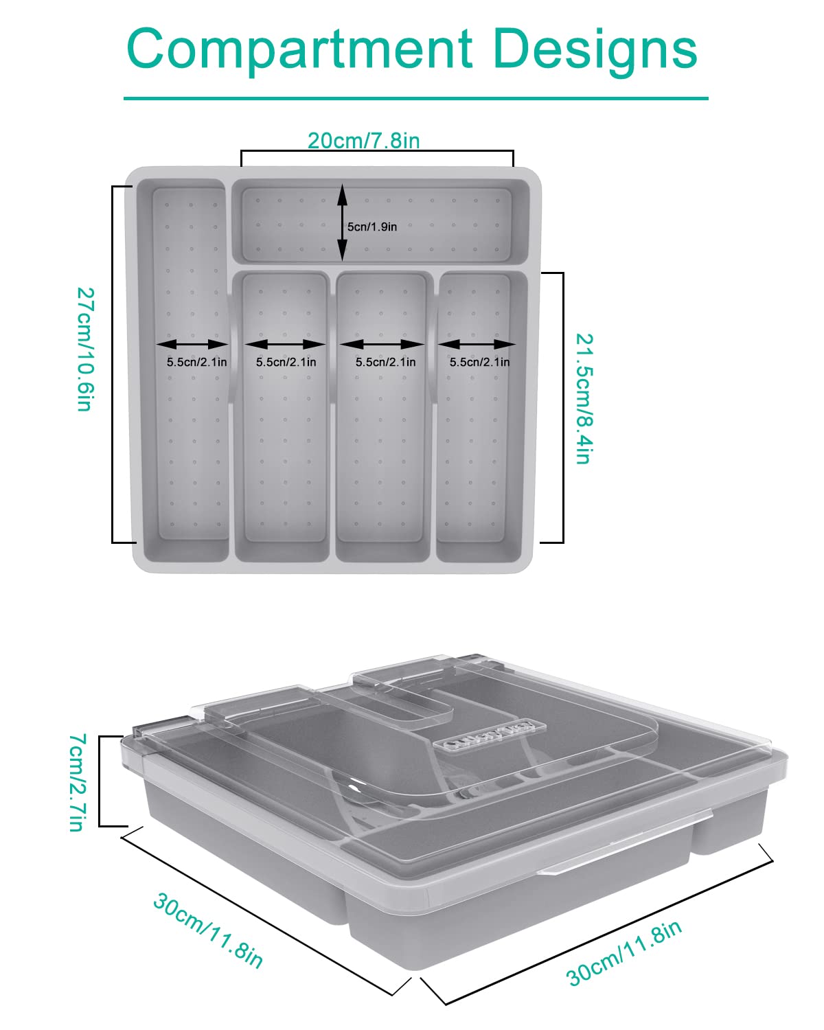 HIMAugbo cutlery box with lid, cutlery box for camping, plastic cutlery storage sorting tray for countertop/travel/kitchen board 30 x 30 x 7 cm, gray