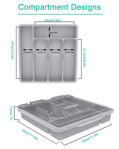HIMAugbo cutlery box with lid, cutlery box for camping, plastic cutlery storage sorting tray for countertop/travel/kitchen board 30 x 30 x 7 cm, gray