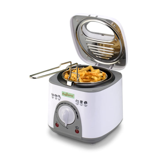 Augosma Mini Deep Fryer With Oil | 850-950W | Capacity: 1 Liter | Viewing Window | Stainless Steel Frying Basket | Adjustable Temperature | Heat Insulated | Non-Slip Rubber Feet | White