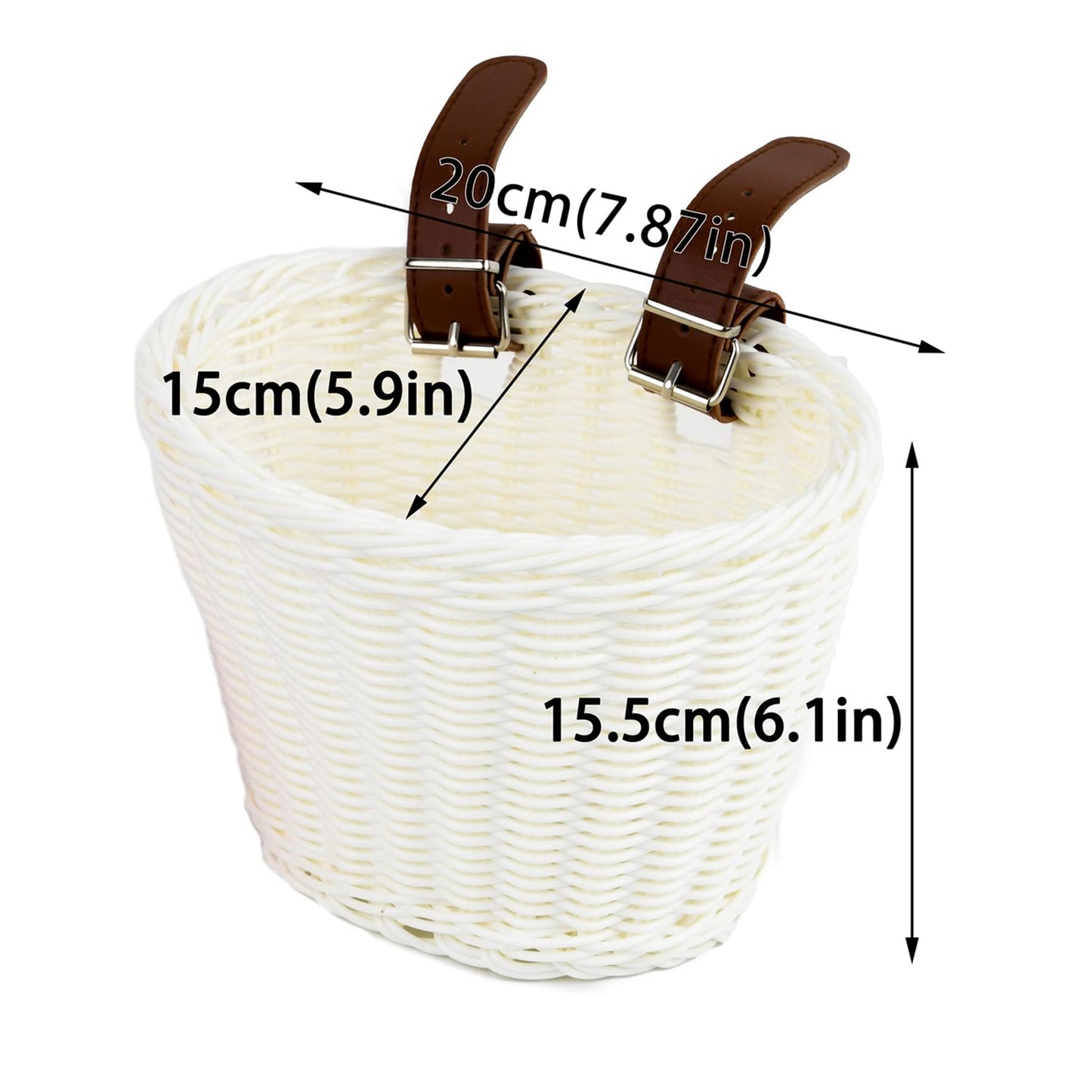Bicycle basket for children, wicker bike basket for girls and kids in the front, plastic kids bike basket with leather straps, decorative, detachable (White)