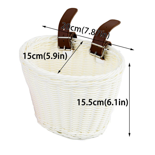 Bicycle basket for children, wicker bike basket for girls and kids in the front, plastic kids bike basket with leather straps, decorative, detachable (White)