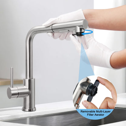 Kitchen Faucet Pull-Out, BONADE Kitchen Faucet with Sprayer, Kitchen Mixer Tap 360° Rotatable, Kitchen Faucet 2 Spray, Single Lever Sink Mixer Made of Brushed Stainless Steel