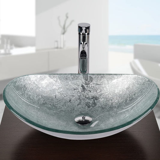 ARTETHYS Glass Countertop Basin with Faucet Drain, Oval Washbasin Vanity Set Silver, Bathroom Kitchen, Guest WC