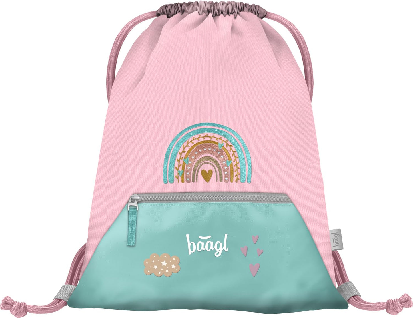 Baagl school backpack set for girls 3-piece, Zippy school bag for 1st grade, elementary school backpack with chest strap, ergonomic school rucksack (rainbow pink)