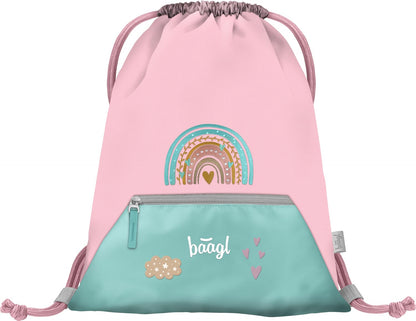 Baagl school backpack set for girls 3-piece, Zippy school bag for 1st grade, elementary school backpack with chest strap, ergonomic school rucksack (rainbow pink)