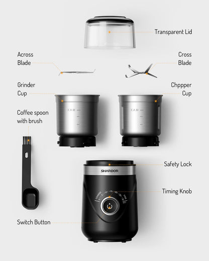 SHARDOR Coffee Grinder with 2 Stainless Steel Cups Spice Grinder, Automatic Timer, Quiet Grinding, Can Be Used to Grind Coffee Beans, Spices, Grains, Sugar, Nuts, 2 * 80 g.