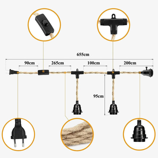 Hemp rope pendant light kit with switch and EU plug, 3 lights hanging lamp E27 socket with 8.5m textile cable vintage industrial pendant light for kitchen dining table, no bulb included.
