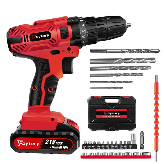 21V cordless drill with 1 battery 1500mAh, Red Mini cordless drill with hammer function, Battery drill driver 45Nm cordless drill 25+1 cordless screwdriver, 29pcs accessories and case