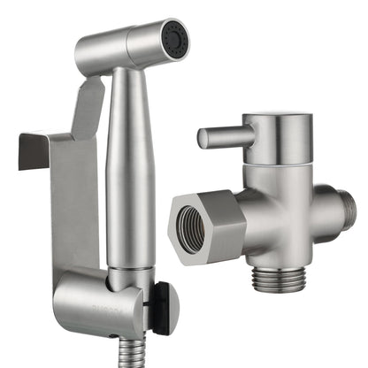 Tecmolog Bidet Sprayer Set with 3-way diverter valve, 3/8"-12/17 hose, and drill-free shower head holder in brushed nickel, WS024F8