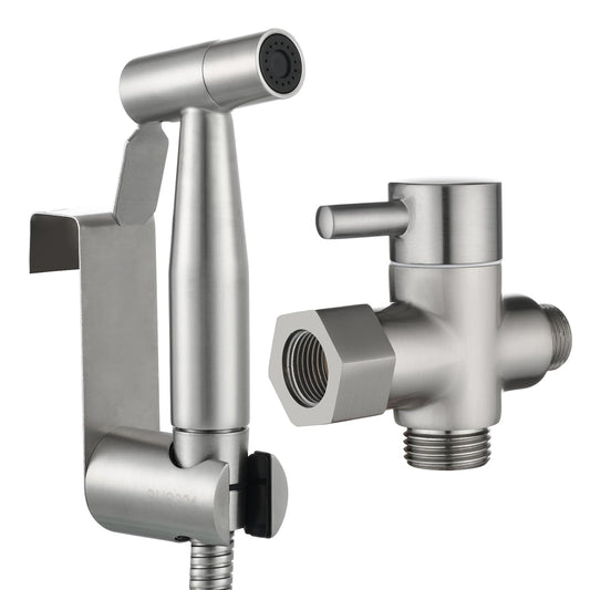 Tecmolog Bidet Sprayer Set with 3-way diverter valve, 3/8"-12/17 hose, and drill-free shower head holder in brushed nickel, WS024F8