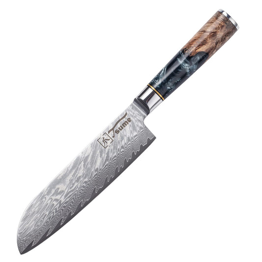 Tsume Santoku Knife Onyx, Blade length 19cm, Genuine Damascus Kitchen Knife, 67 layers of VG10 stainless steel core with black and white resin and wood handle, razor-sharp.