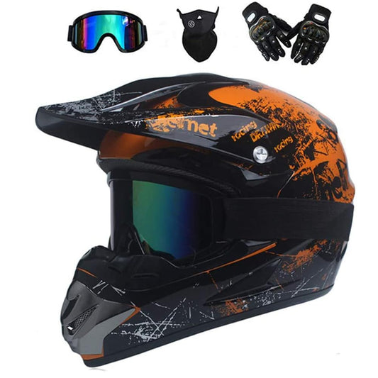 UIGJIOG Motorcycle Helmet, Motocross Helmet, Kids Helmet, Helmets Kids Cross Helmet, Road Helmet with Gloves Mask Goggles, ATV Helmet, Orange, S (52~53cm)