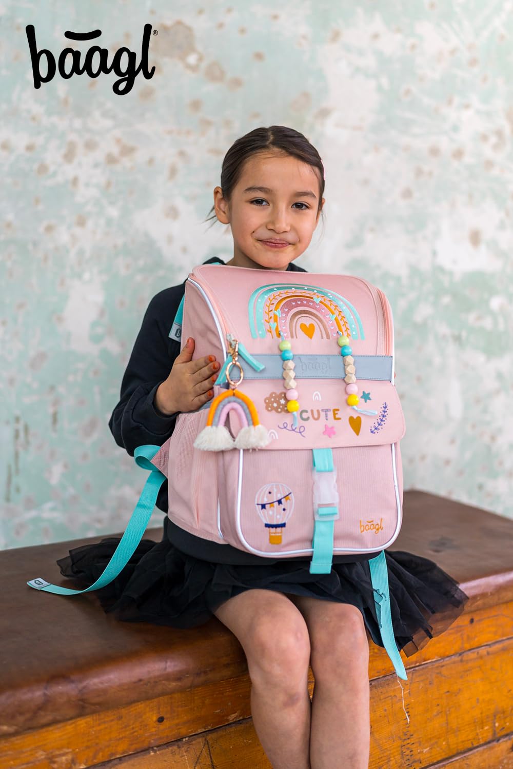 Baagl school backpack set for girls 3-piece, Zippy school bag for 1st grade, elementary school backpack with chest strap, ergonomic school rucksack (rainbow pink)