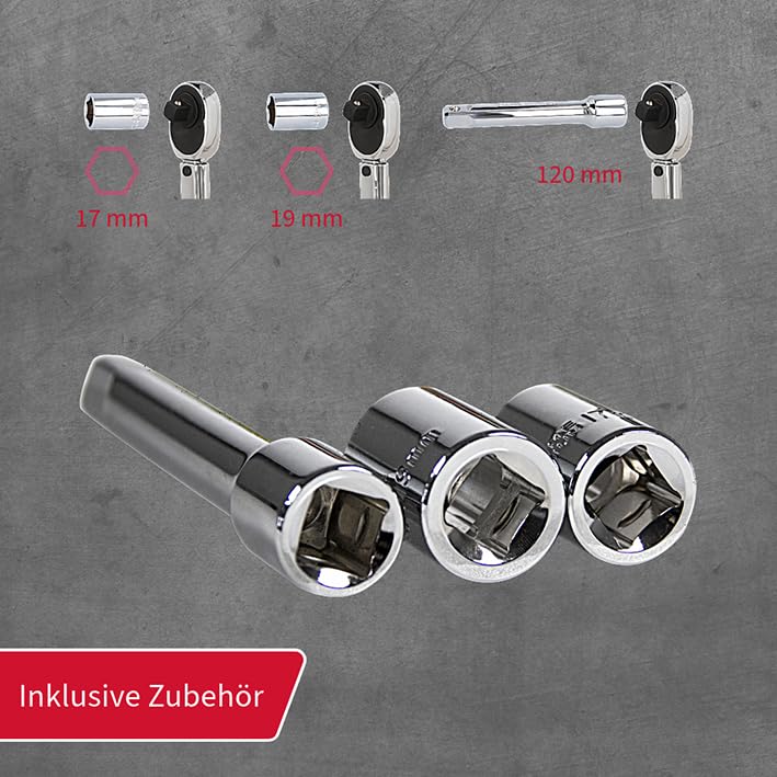UNITEC torque wrench, adjustable from 40 to 210 Nm, 1/2" square drive, with sockets 17/19 mm and extension, silver
