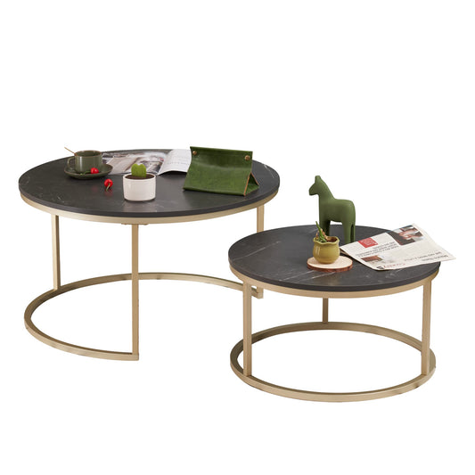 Soayone Round Coffee Table Set of 2, Black Marble Coffee Table with Gold Metal Frame, Round Side Table, Modern Living Room Table, Nesting Tables for Living Room Bedroom Balcony