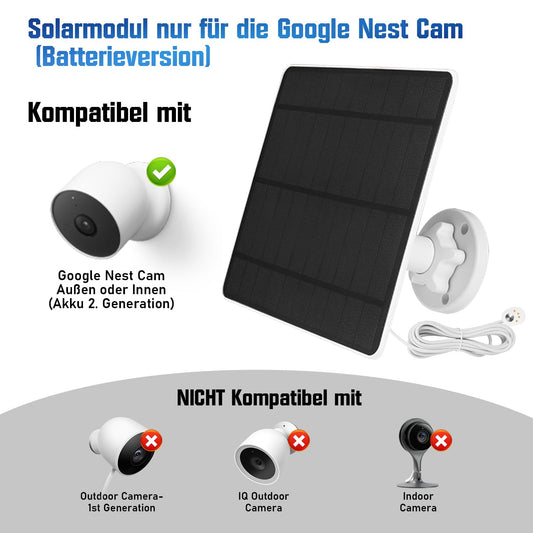 Outdoor/indoor solar panel for Google Nest camera (battery version), 5W solar panel for Google Nest camera solar module IP65 waterproof with 3m cable, 360° adjustable bracket (2 pack)